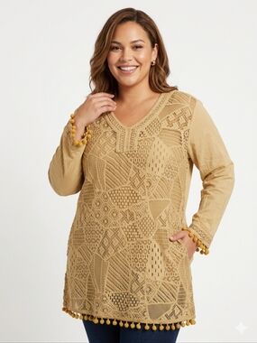 Ana K Plus Size Beige Boho Crochet Lace Tunic Top